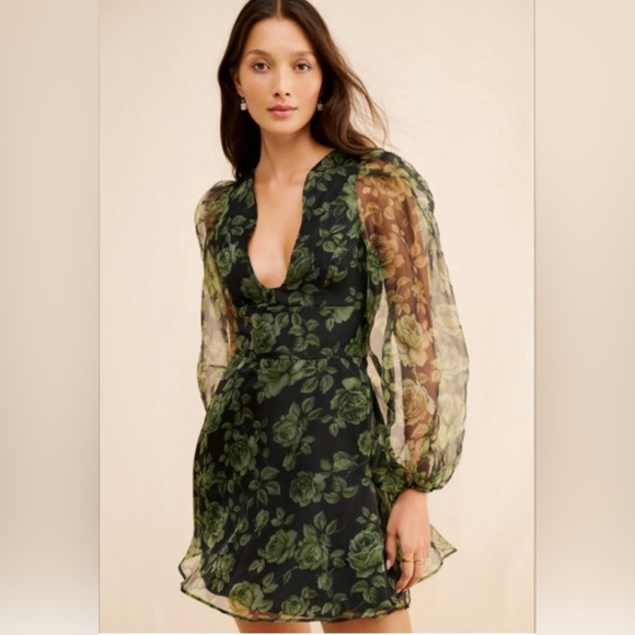 62. Hutch Green Floral Sheer Sleeve Dress, Size 10. - Picture 2 of 7
